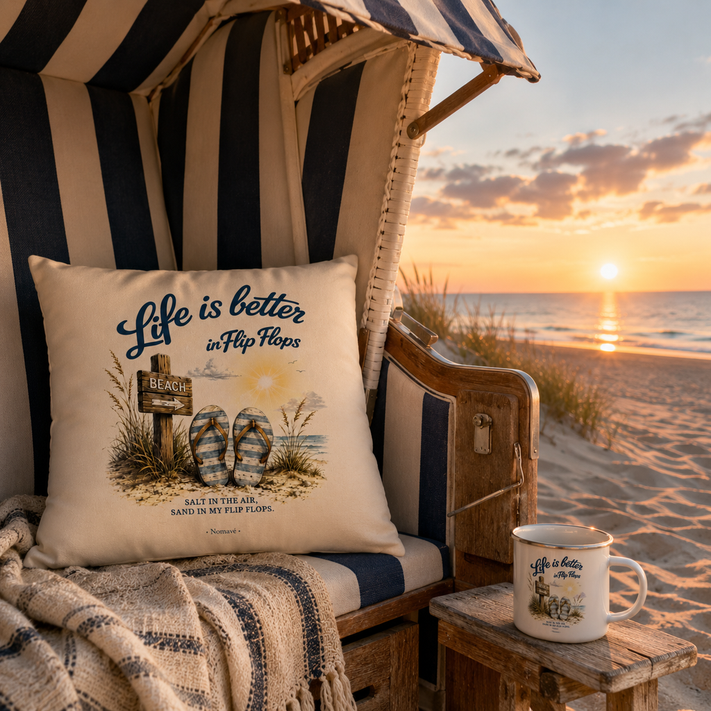 Nomavé Zierkissen „Life is Better in Flip Flops“ im Strandkorb an der Ostseeküste mit passendem Campingbecher. Maritimes Lifestyle-Bild bei Sonnenaufgang am Strand mit warmem Morgenlicht und Ostseeblick.
