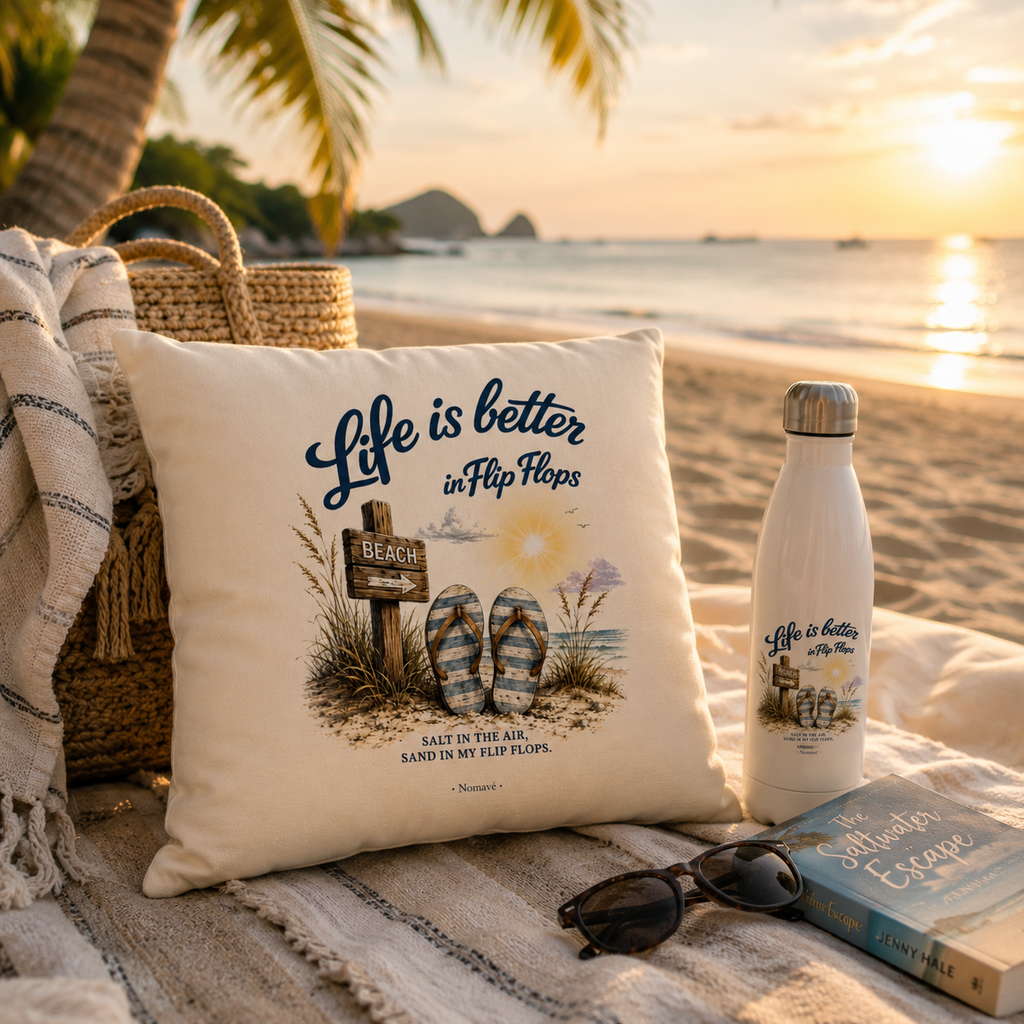 Nomavé Zierkissen „Life is Better in Flip Flops“ und passende Edelstahl-Trinkflasche am tropischen Strand in Thailand. Stilvolles Lifestyle-Arrangement mit Strandtasche, Sonnenbrille und Buch vor türkisfarbenem Meer im warmen Morgenlicht.