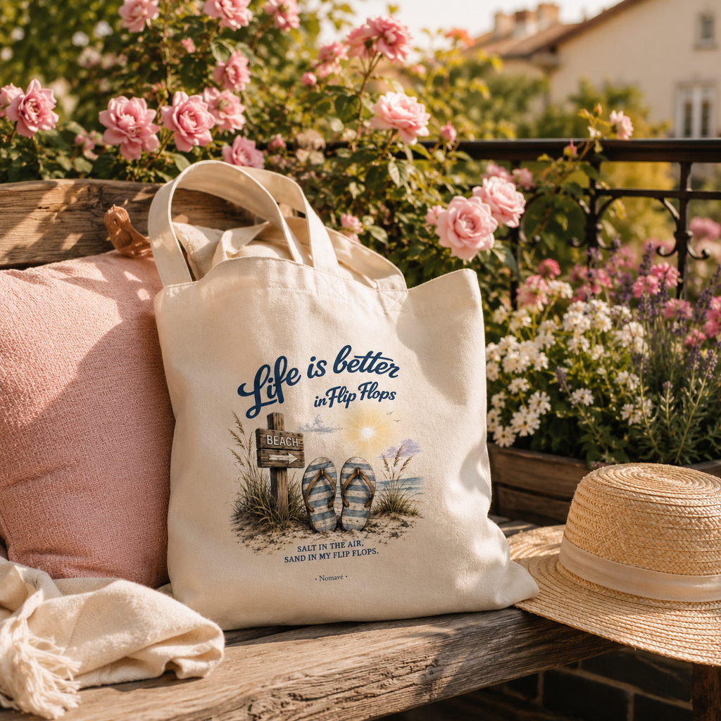 Nomavé Stofftasche „Life is Better in Flip Flops“ dekorativ auf einer Gartenbank zwischen blühenden Rosen und Sommerblumen im warmen Morgenlicht.