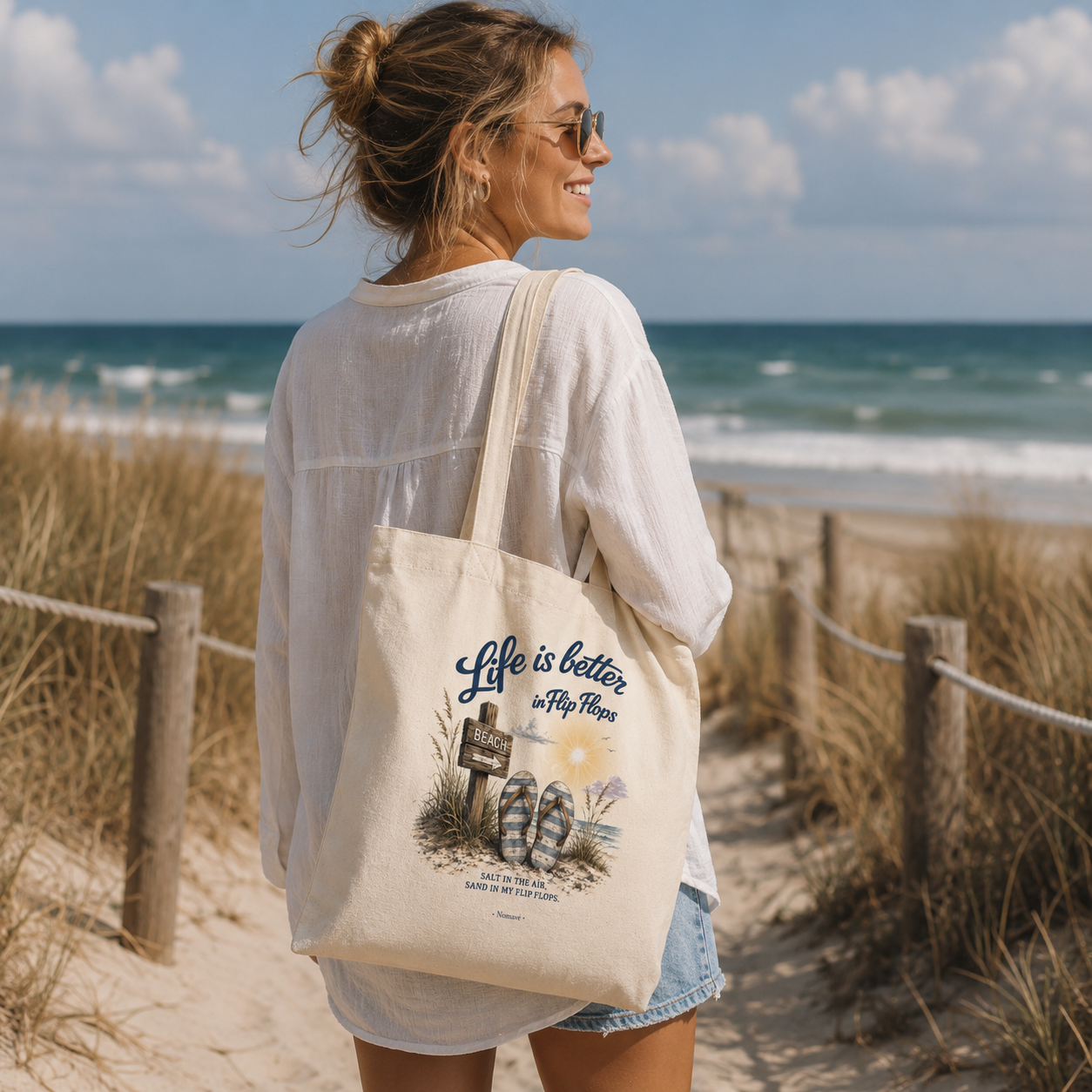 Frau trägt die Nomavé Stofftasche „Life is Better in Flip Flops“ auf einem Strandweg an der Ostseeküste mit Blick auf das Meer.