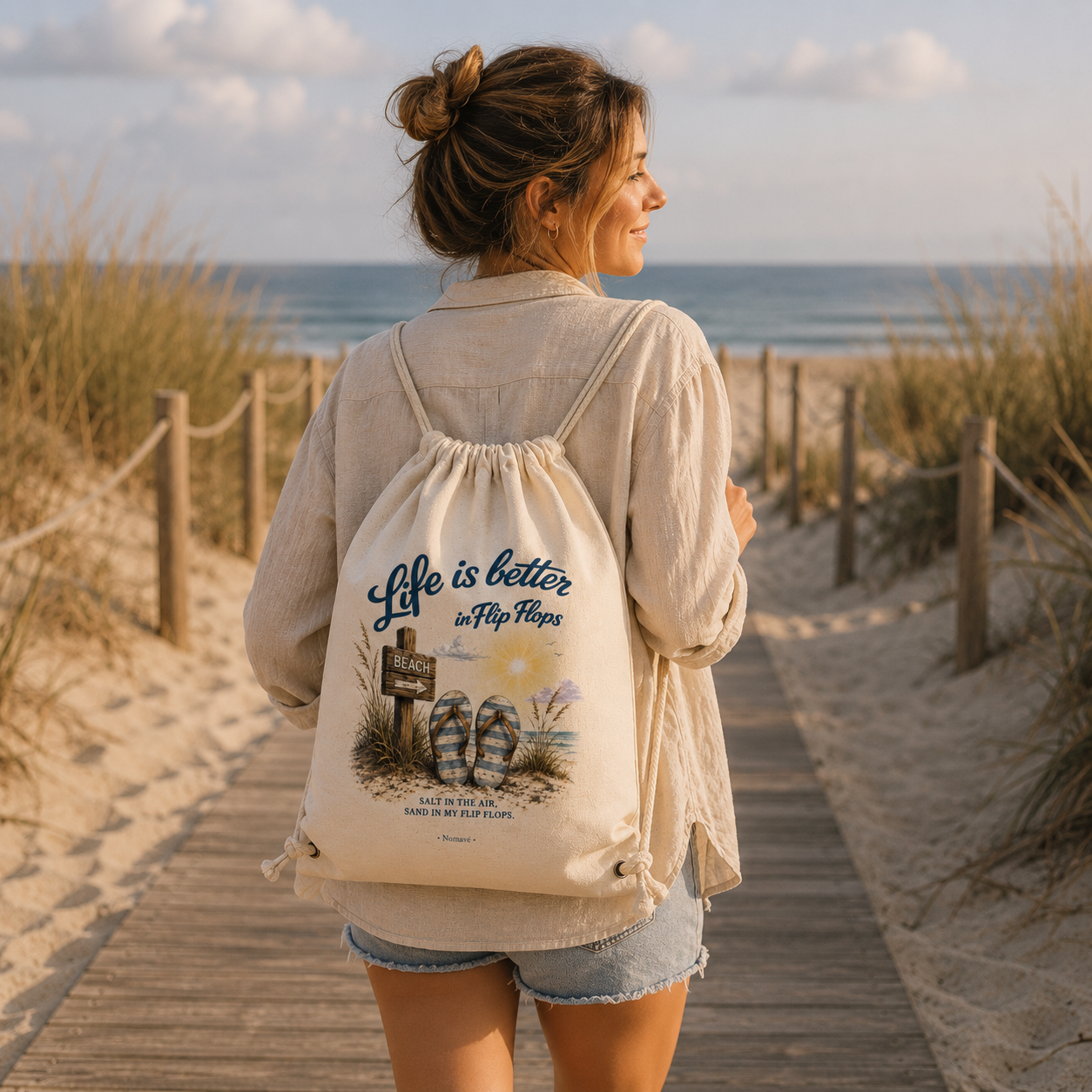 Frau trägt den Nomavé Turnbeutel „Life is Better in Flip Flops“ auf einem Strandweg durch die Dünen an der Ostseeküste im warmen Morgenlicht.