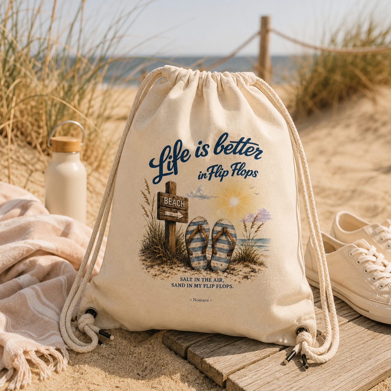Nomavé Turnbeutel „Life is Better in Flip Flops“ auf einem Holzsteg am Ostseestrand mit Dünen, Sand und Meer im warmen Morgenlicht.