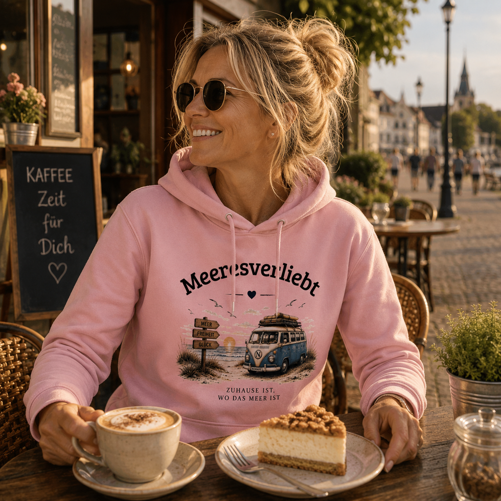 Frau im rosa Meeresverliebt Hoodie sitzt in einem Straßencafé mit Kaffee und Kuchen und genießt den Moment an der Ostsee