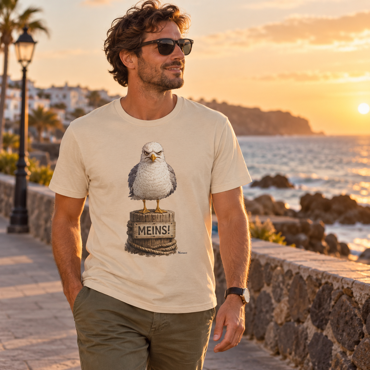 Mann im Möwe mit Meinung Meins Essential T-Shirt auf einer Küstenpromenade