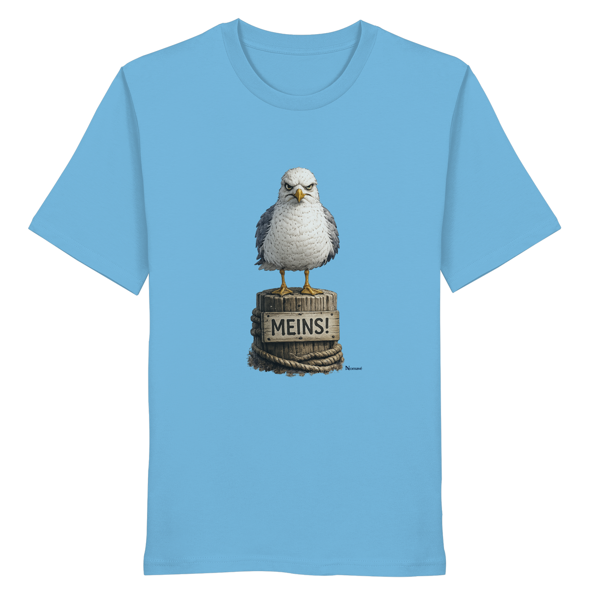 Möwe mit Meinung – „Meins“ – Bio T-Shirt – Vorderansicht in aqua blue