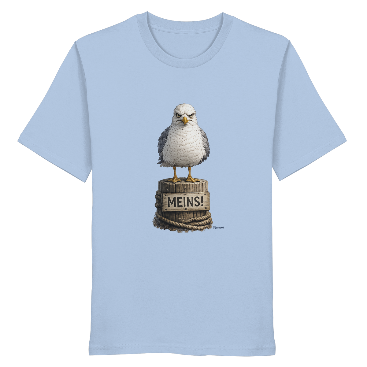 Möwe mit Meinung – „Meins“ – Bio T-Shirt – Vorderansicht in blue soul