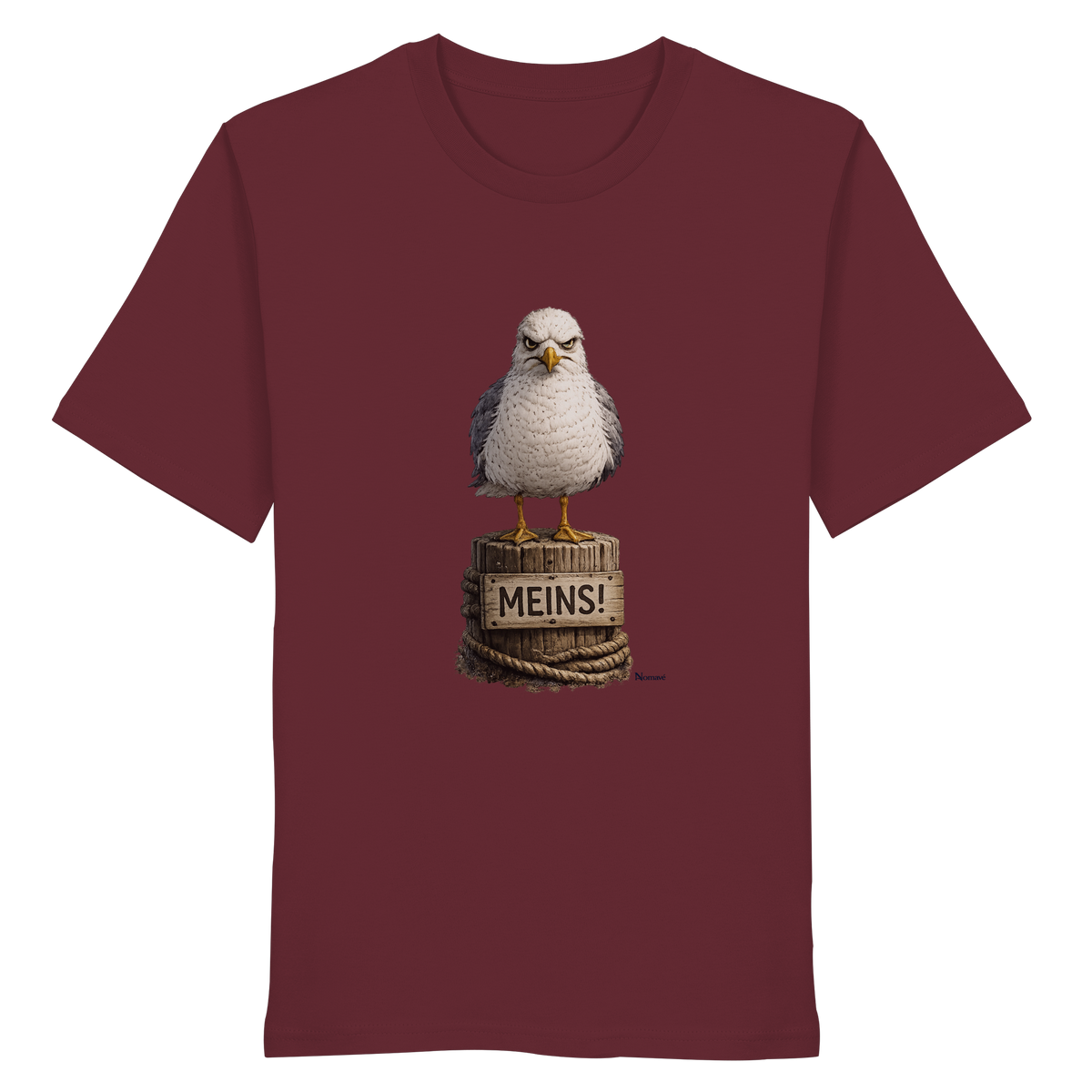 Möwe mit Meinung – „Meins“ – Bio T-Shirt – Vorderansicht in burgundy