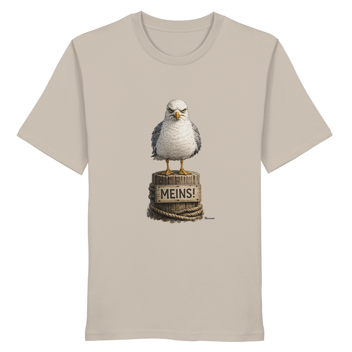 Möwe mit Meinung – „Meins“ – Bio T-Shirt – Vorderansicht in desert dust