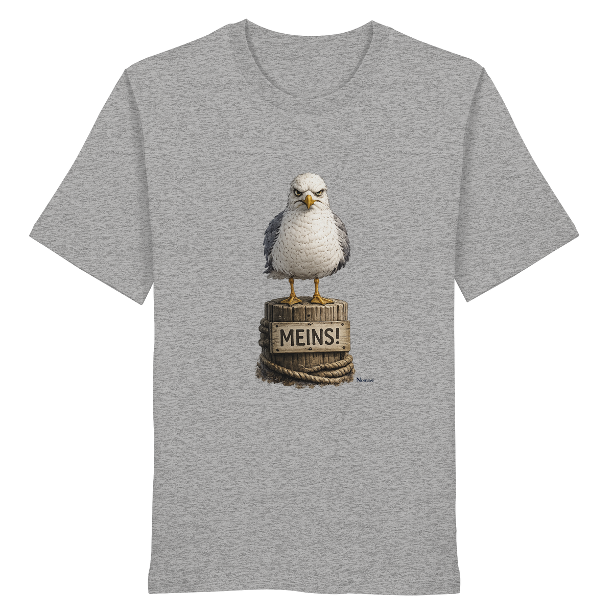 Möwe mit Meinung – „Meins“ – Bio T-Shirt – Vorderansicht in heather grey