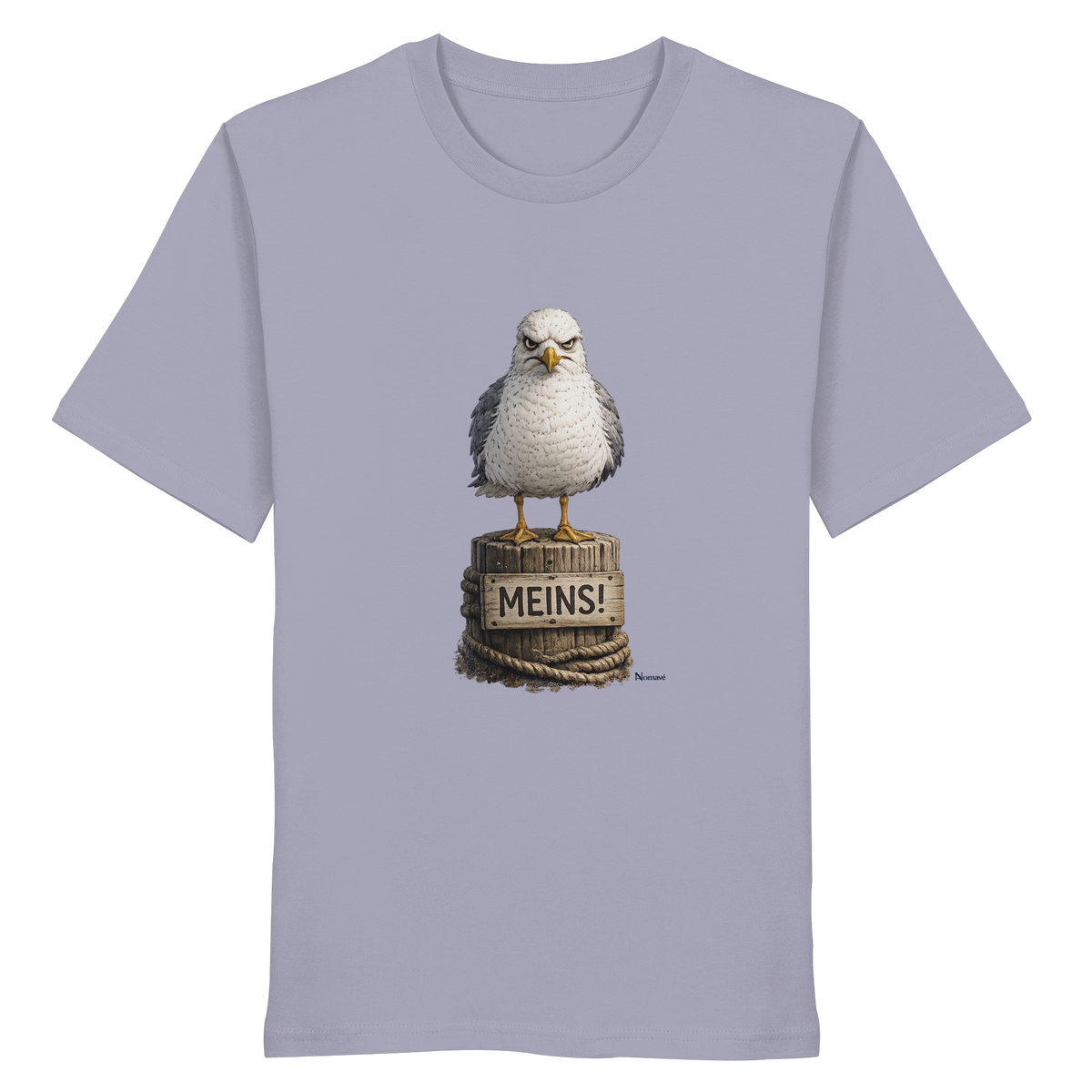 Möwe mit Meinung – „Meins“ – Bio T-Shirt – Vorderansicht in lavender