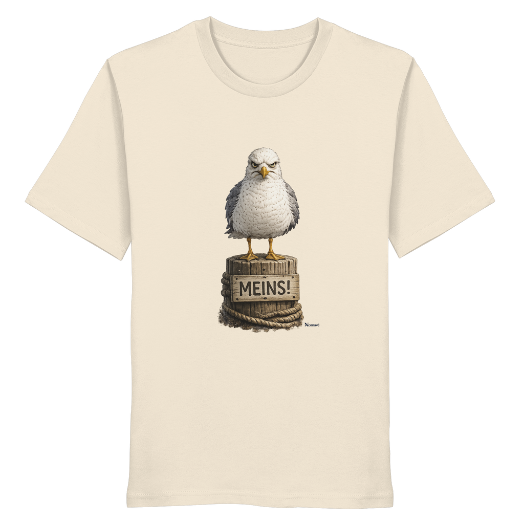 Möwe mit Meinung – „Meins“ – Bio T-Shirt – Vorderansicht in natural raw