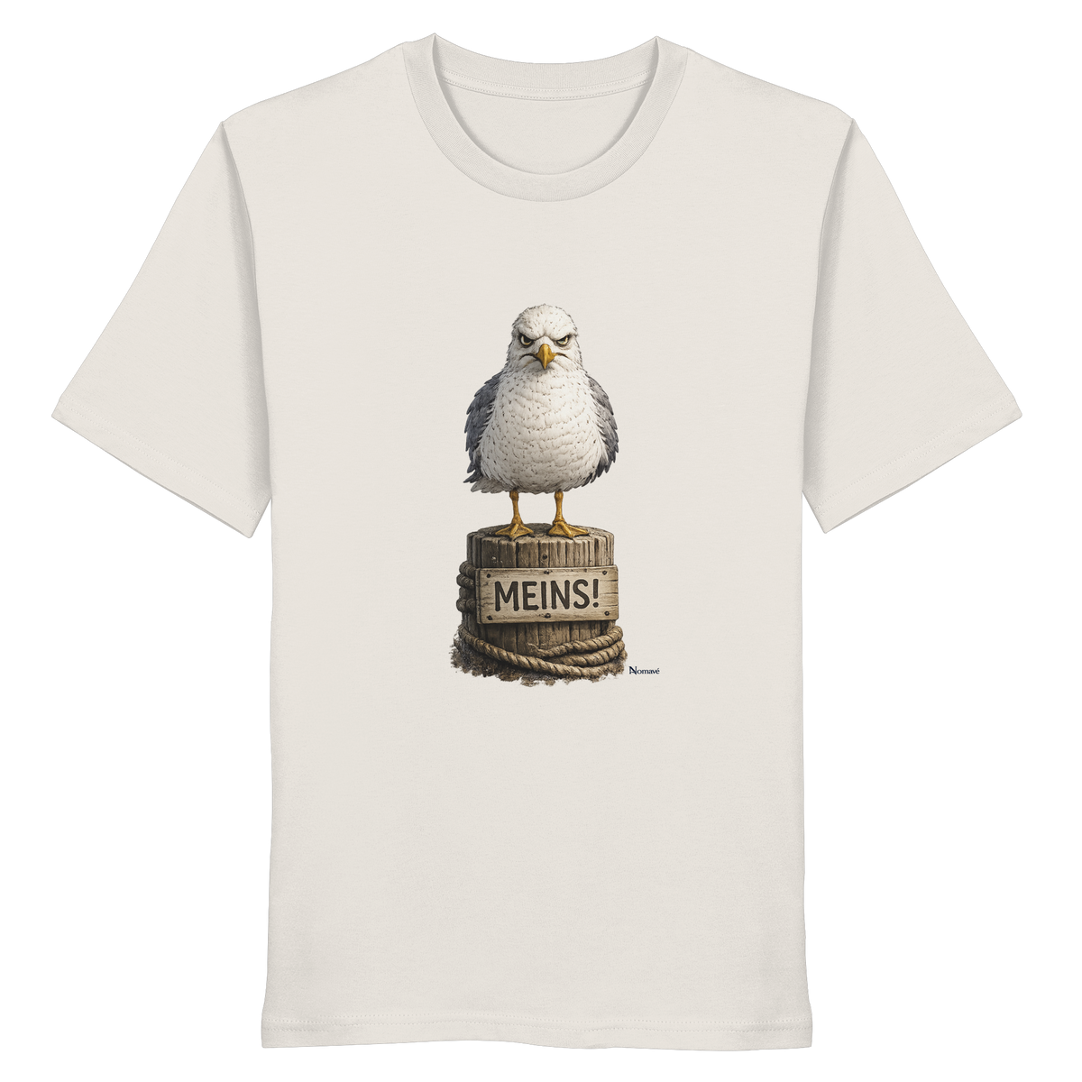 Möwe mit Meinung – „Meins“ – Bio T-Shirt – Vorderansicht in off white