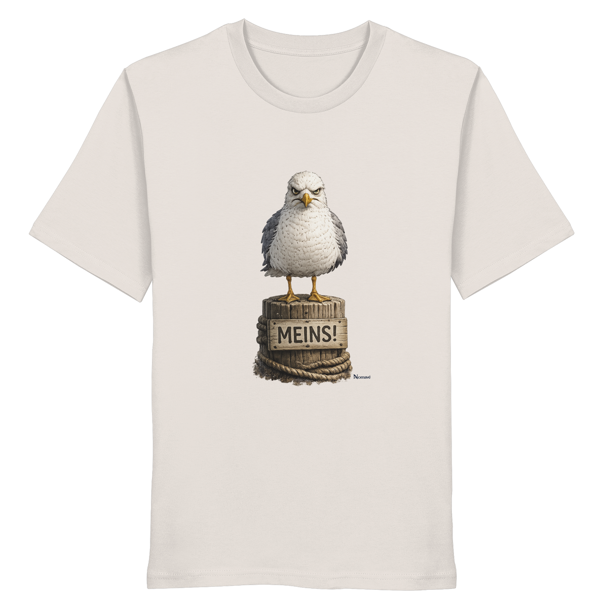 Möwe mit Meinung – „Meins“ – Bio T-Shirt – Vorderansicht in vintage white