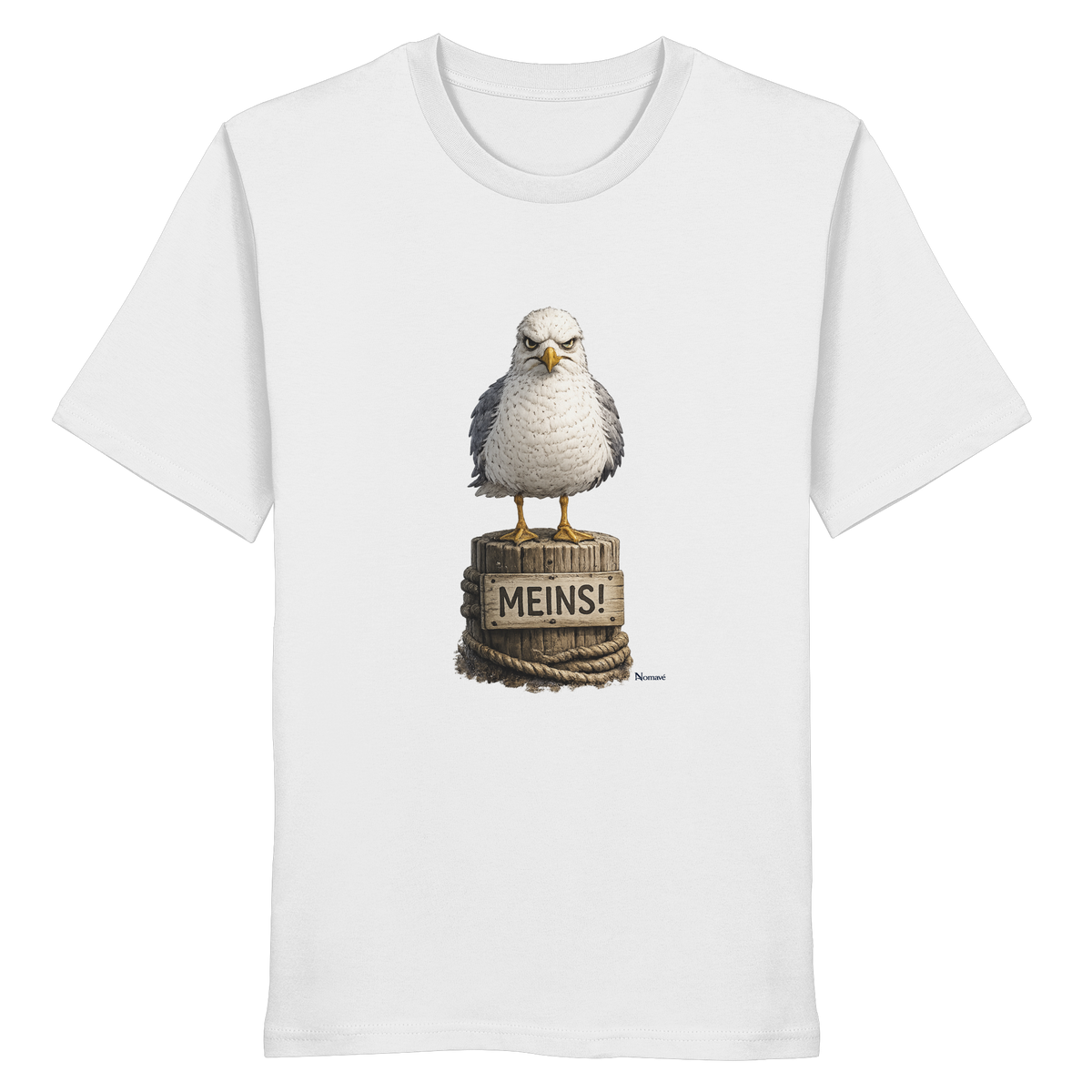 Möwe mit Meinung – „Meins“ – Bio T-Shirt – Vorderansicht in white
