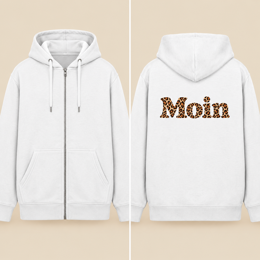 Weiße Bio Zipperjacke: vorn Reißverschluss ohne Druck, hinten Moin-Leoprint als Backprint