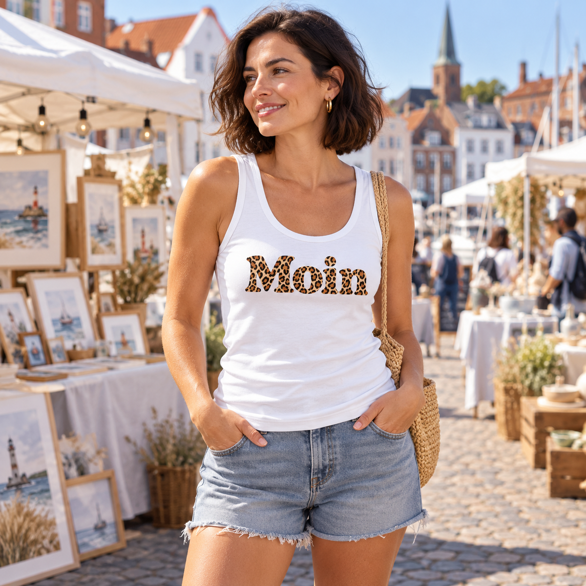 Weißes Damen Bio Fitted Tank Top mit Moin-Leoprint auf einem norddeutschen Kunstmarkt