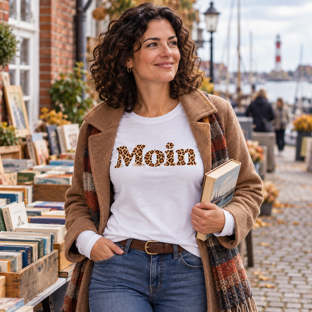 Weißes Damen Bio Longsleeve mit Moin-Leoprint auf einem Küstenbuchmarkt