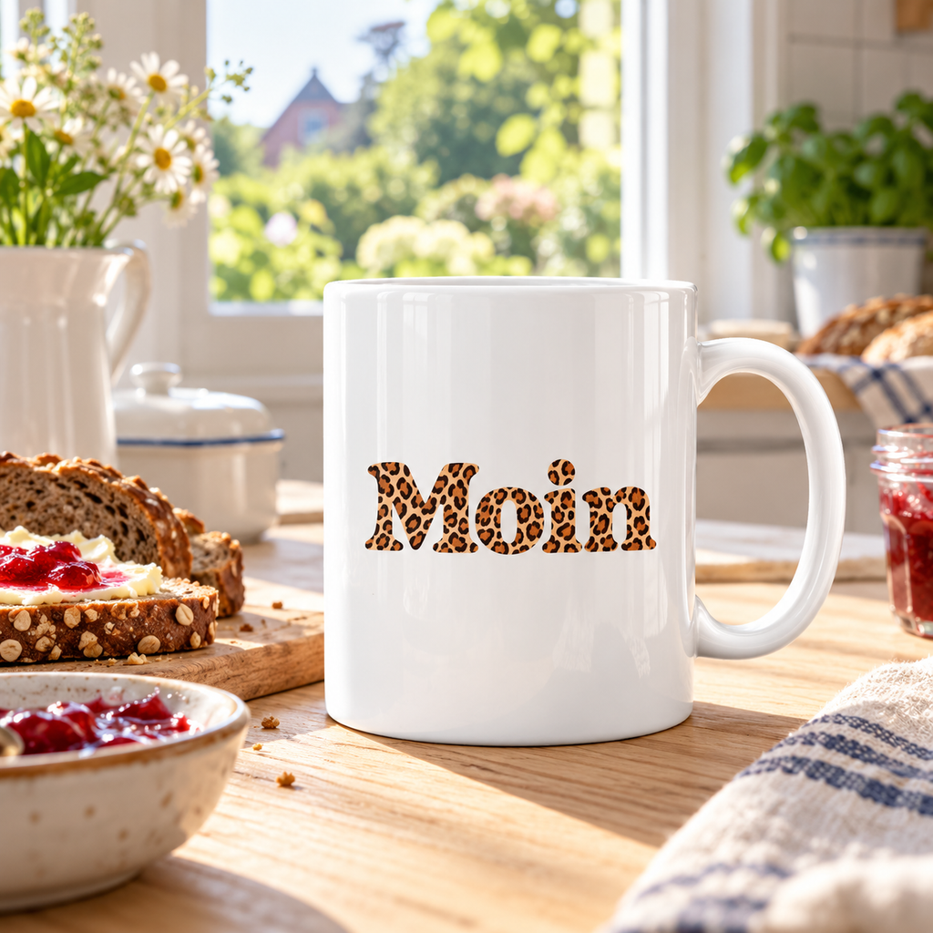 Glänzende weiße Tasse mit Moin-Karamell-Leoprint auf einem Frühstückstisch neben Brot und Marmelade