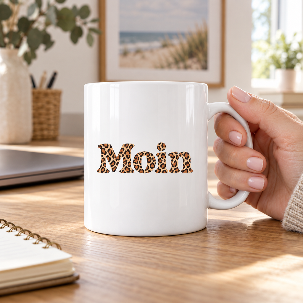 Hand am weißen Henkel der Moin-Leo-Tasse mit Karamell-Leoprint auf einem Schreibtisch