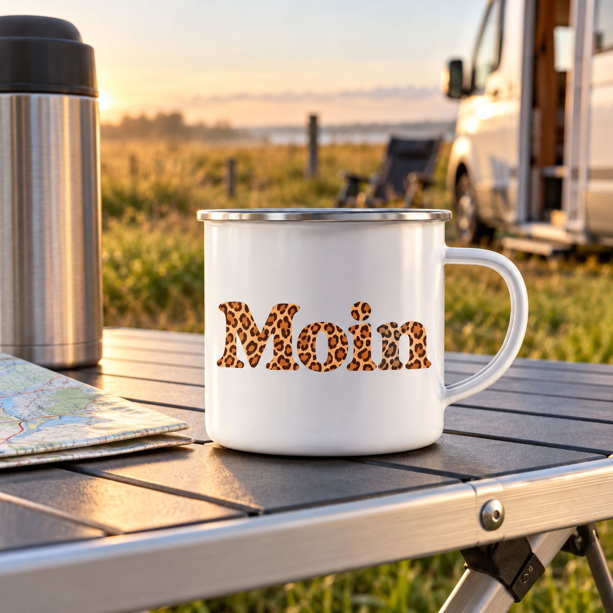 Weiße Emaille-Tasse mit Silberrand und Moin-Karamell-Leoprint auf einem Campingtisch vor einem Camper
