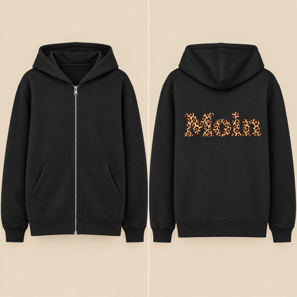 Schwarze Bio Relaxed Zipperjacke: vorne Reißverschluss ohne Print, hinten Moin-Leoprint als Backprint
