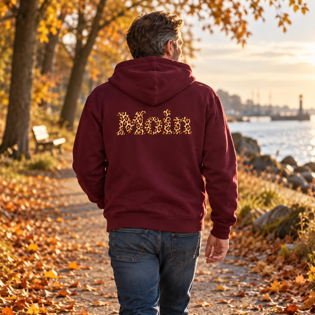 Bordeauxrote Bio Relaxed Zipperjacke von hinten mit Moin-Leoprint auf einem Küstenparkweg