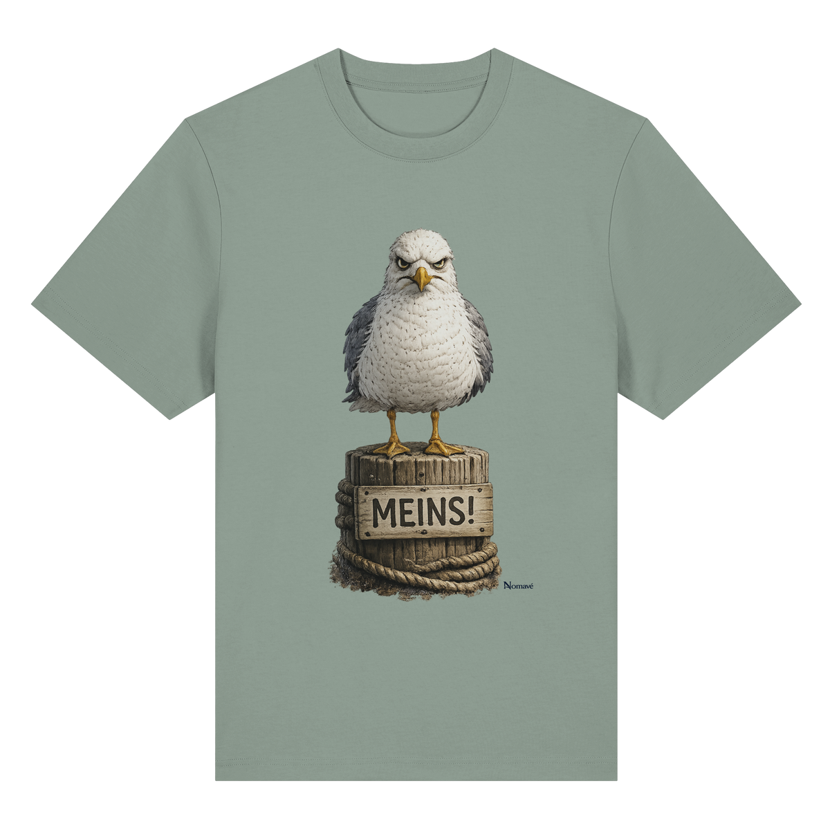 Möwe mit Meinung – „Meins“ – Bio-Heavy T-Shirt – Vorderansicht in aloe