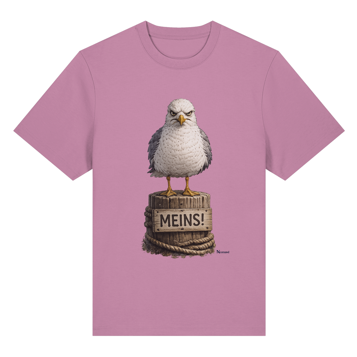 Möwe mit Meinung – „Meins“ – Bio-Heavy T-Shirt – Vorderansicht in bubble pink