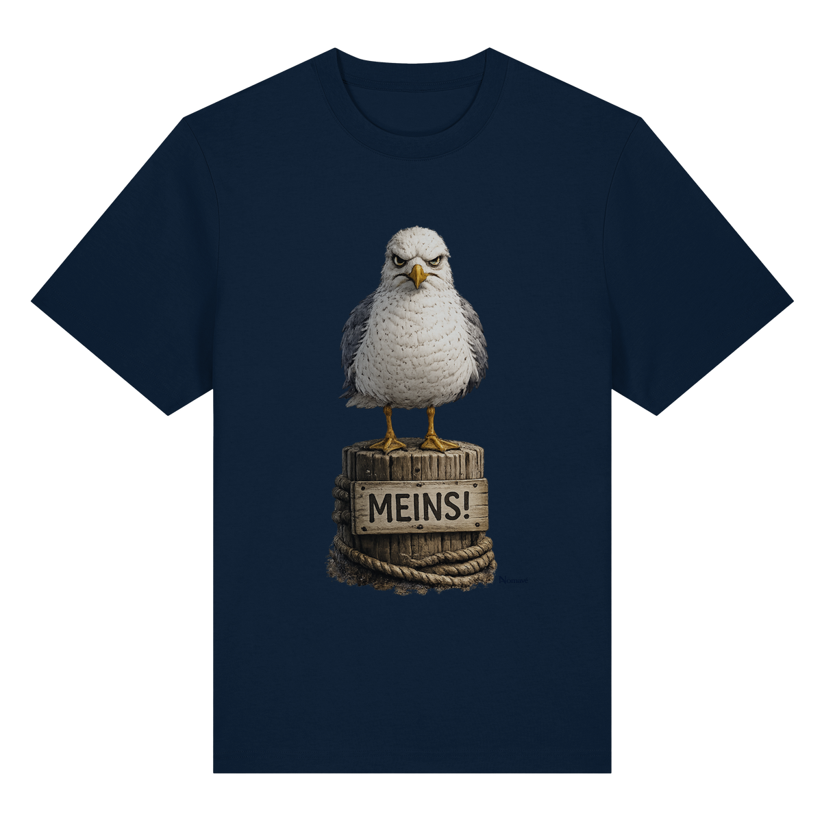 Möwe mit Meinung – „Meins“ – Bio-Heavy T-Shirt – Vorderansicht in french navy