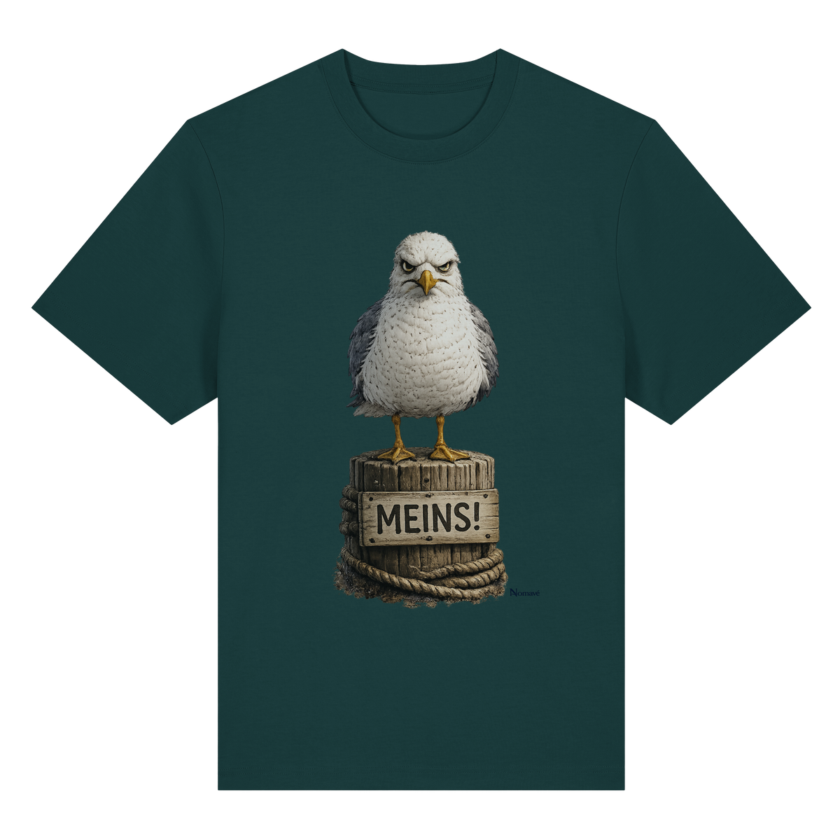 Möwe mit Meinung – „Meins“ – Bio-Heavy T-Shirt – Vorderansicht in glazed green