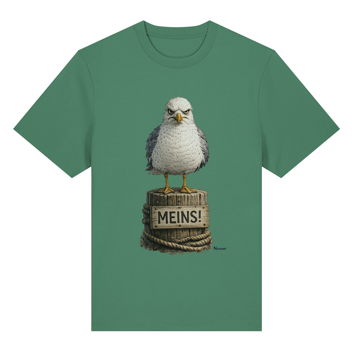 Möwe mit Meinung – „Meins“ – Bio-Heavy T-Shirt – Vorderansicht in green bay