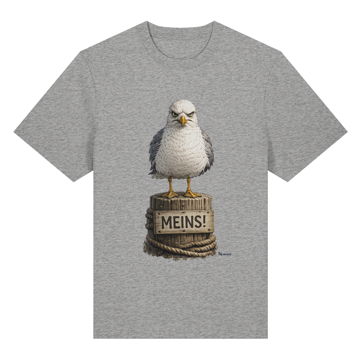 Möwe mit Meinung – „Meins“ – Bio-Heavy T-Shirt – Vorderansicht in heather grey