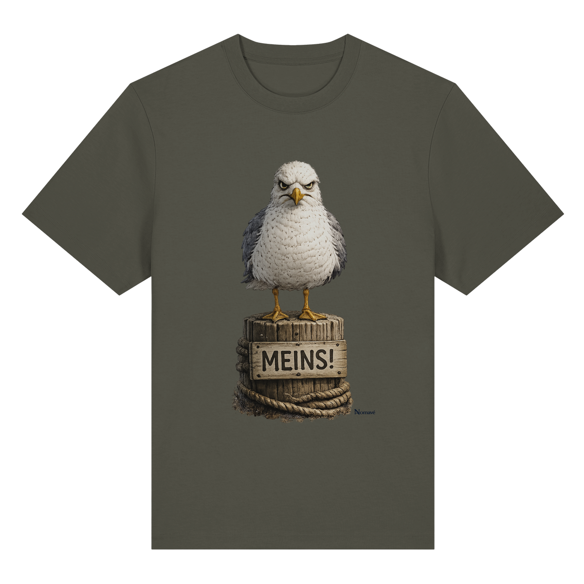 Möwe mit Meinung – „Meins“ – Bio-Heavy T-Shirt – Vorderansicht in khaki