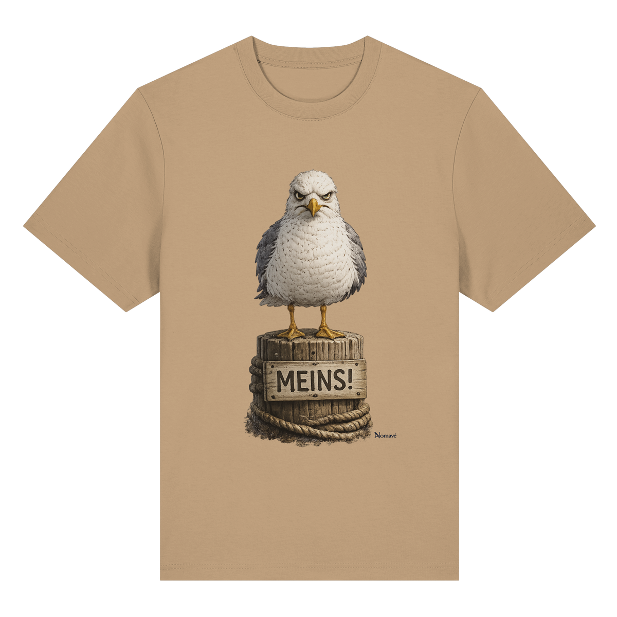 Möwe mit Meinung – „Meins“ – Bio-Heavy T-Shirt – Vorderansicht in latte