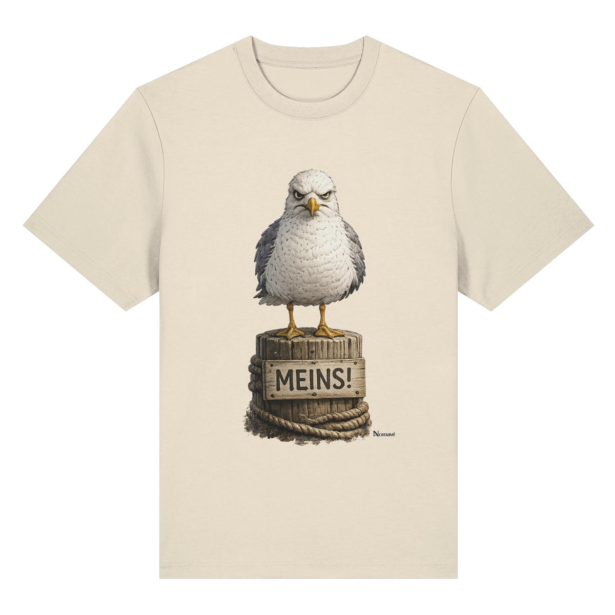 Möwe mit Meinung – „Meins“ – Bio-Heavy T-Shirt – Vorderansicht in natural raw