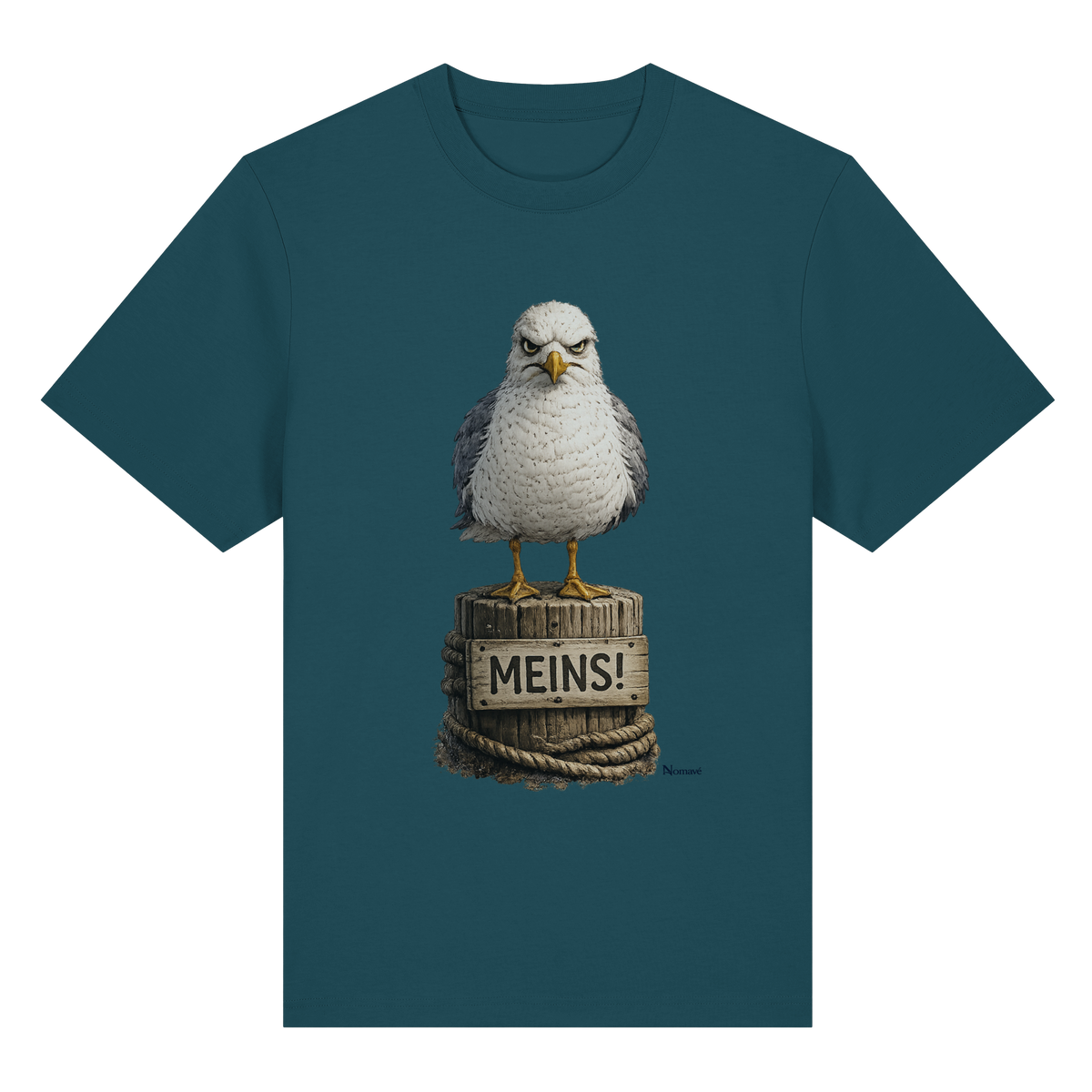 Möwe mit Meinung – „Meins“ – Bio-Heavy T-Shirt – Vorderansicht in stargazer