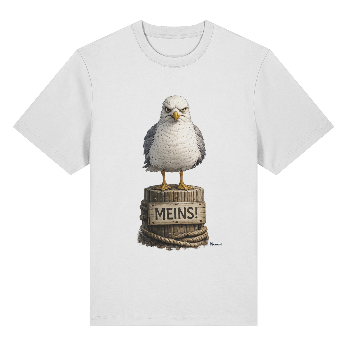 Möwe mit Meinung – „Meins“ – Bio-Heavy T-Shirt – Vorderansicht in white