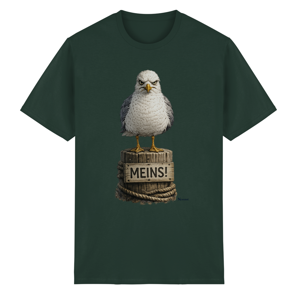 Möwe mit Meinung – „Meins“ – Essential T-Shirt – Vorderansicht in forest green