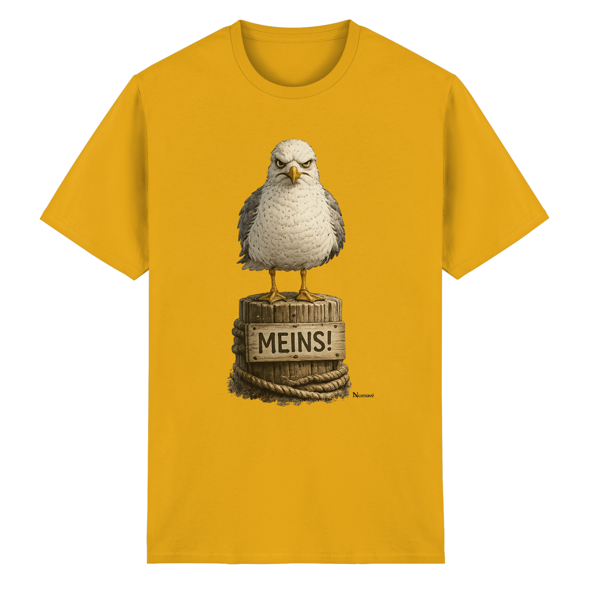 Möwe mit Meinung – „Meins“ – Essential T-Shirt – Vorderansicht in gold