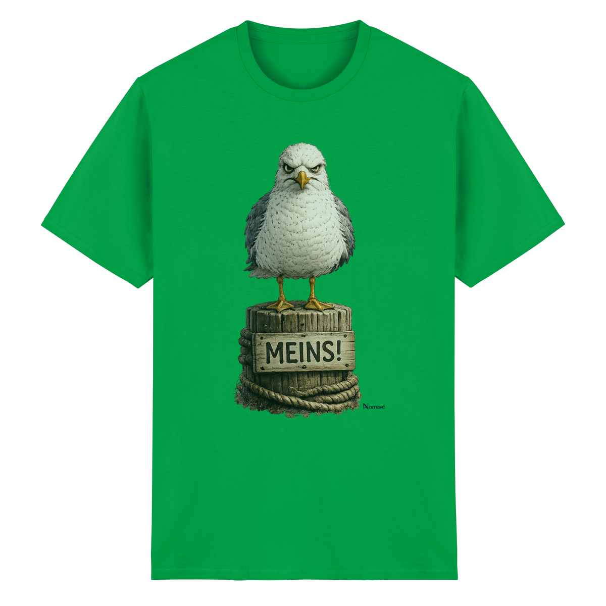 Möwe mit Meinung – „Meins“ – Essential T-Shirt – Vorderansicht in irish green