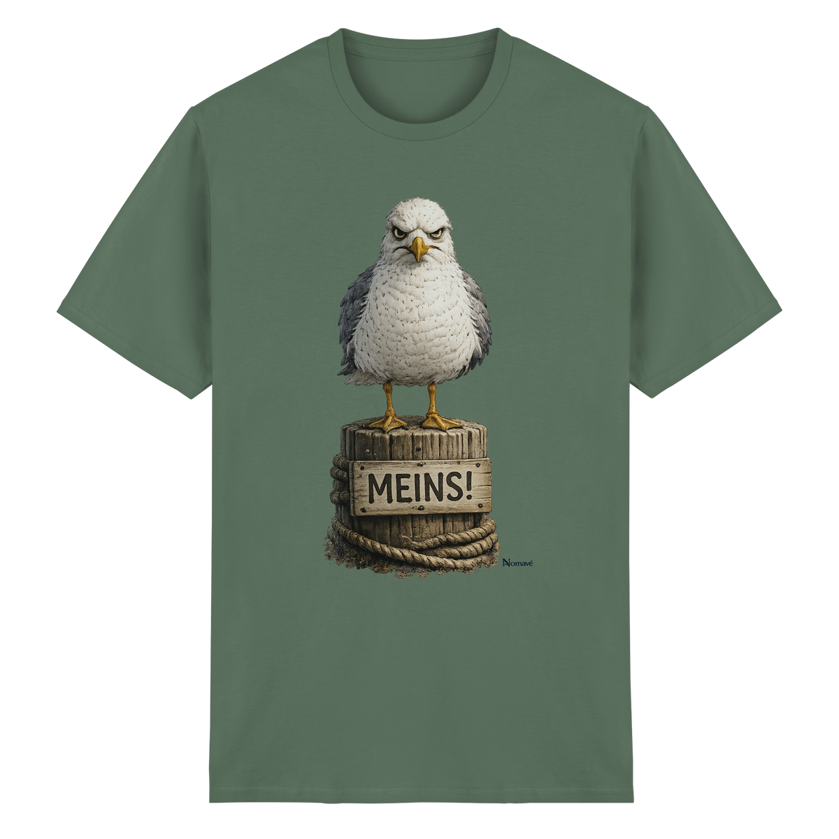 Möwe mit Meinung – „Meins“ – Essential T-Shirt – Vorderansicht in military green