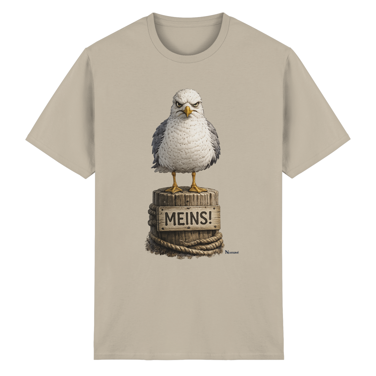 Möwe mit Meinung – „Meins“ – Essential T-Shirt – Vorderansicht in sand
