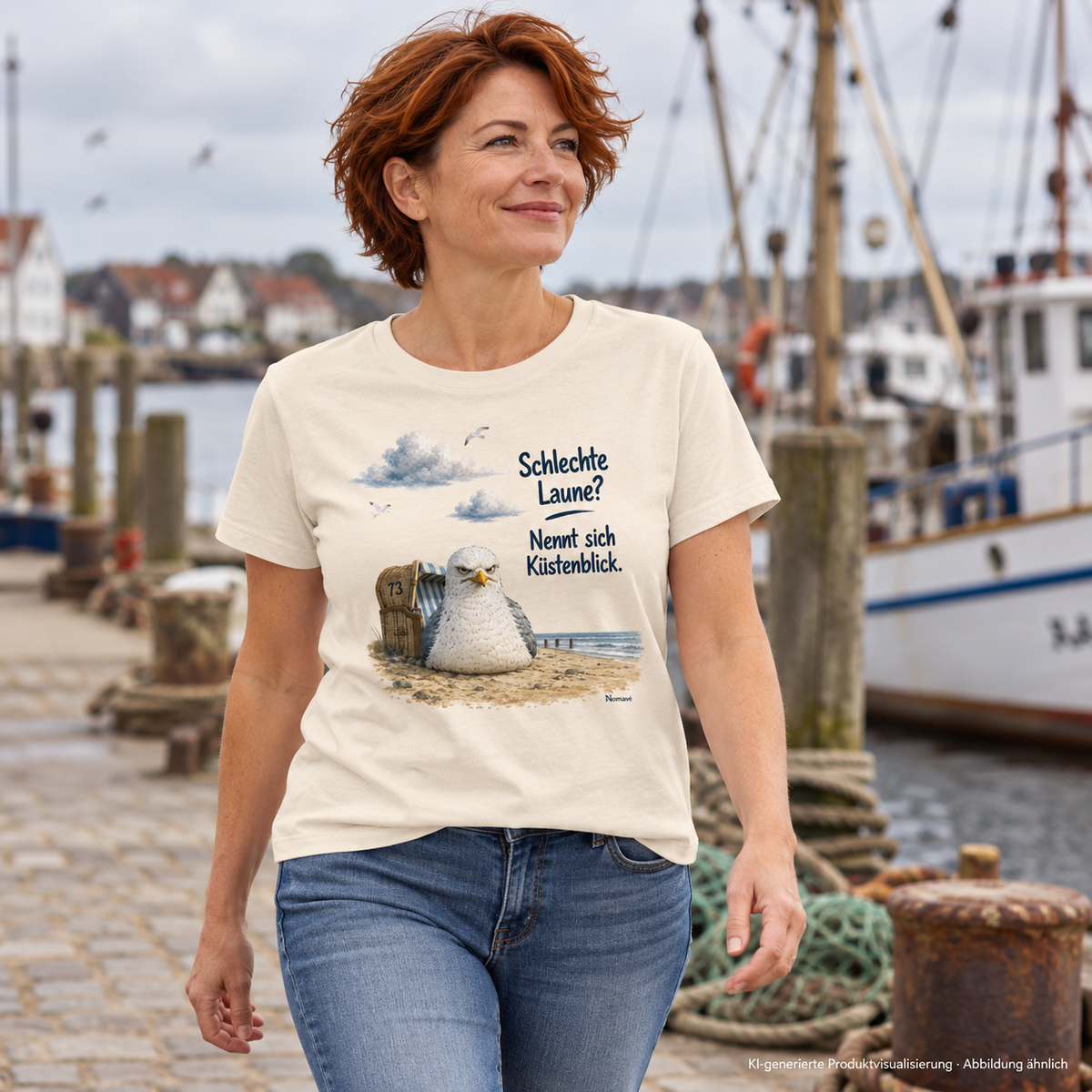 Frau im Natural-Raw Damen Bio-Shirt mit Möwe Alpha am Hafen – KI-Visualisierung