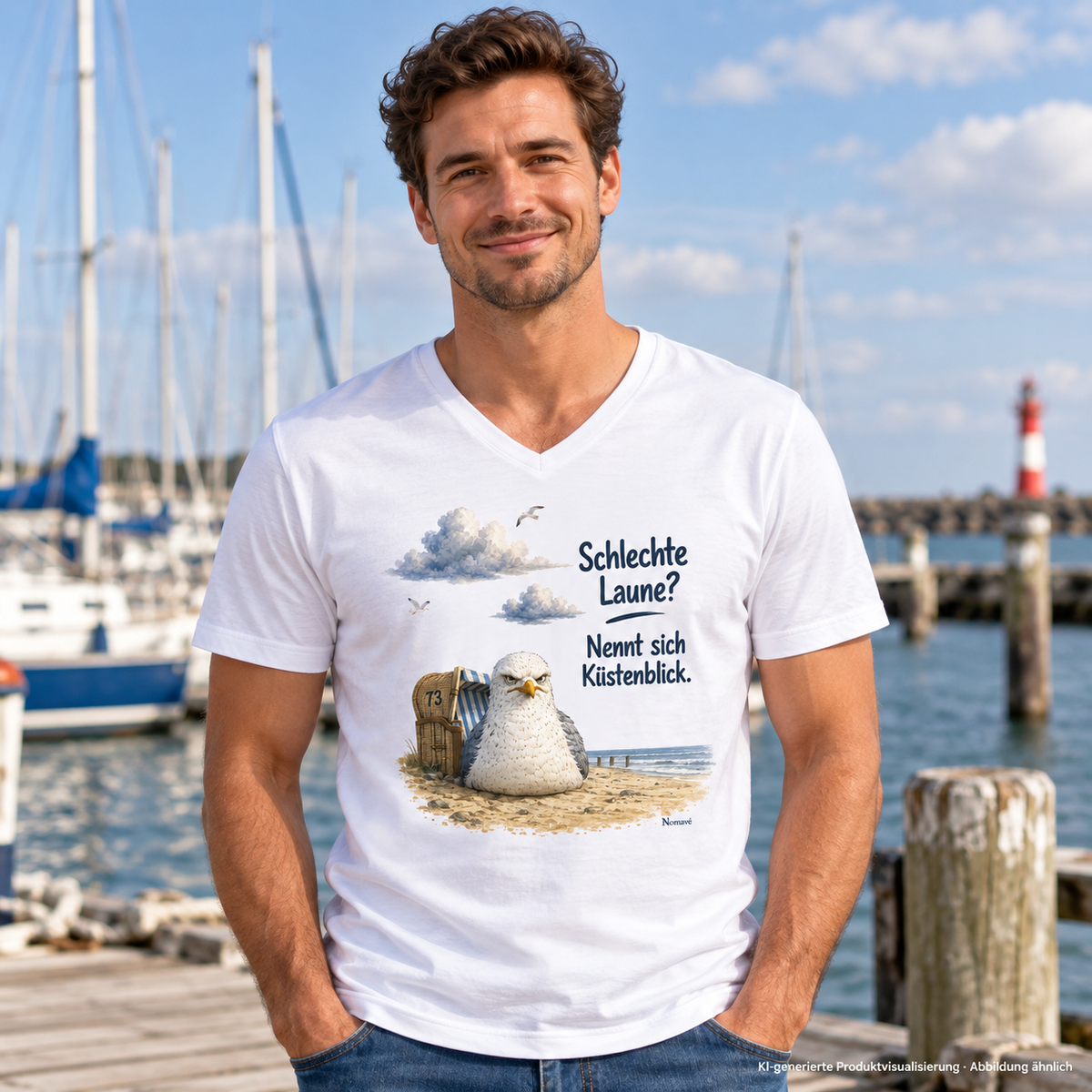 Mann im weißen Herren Bio-V-Neck mit Küstenblick-Frontprint auf einem Hafensteg – KI-Visualisierung