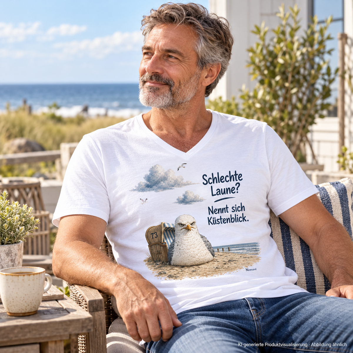 Mann im weißen Küstenblick Bio-V-Neck auf einer Küstenterrasse – KI-Visualisierung