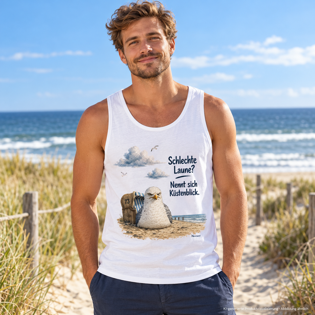 Mann im weißen Küstenblick Bio-Tanktop auf einem Dünenweg – KI-Visualisierung