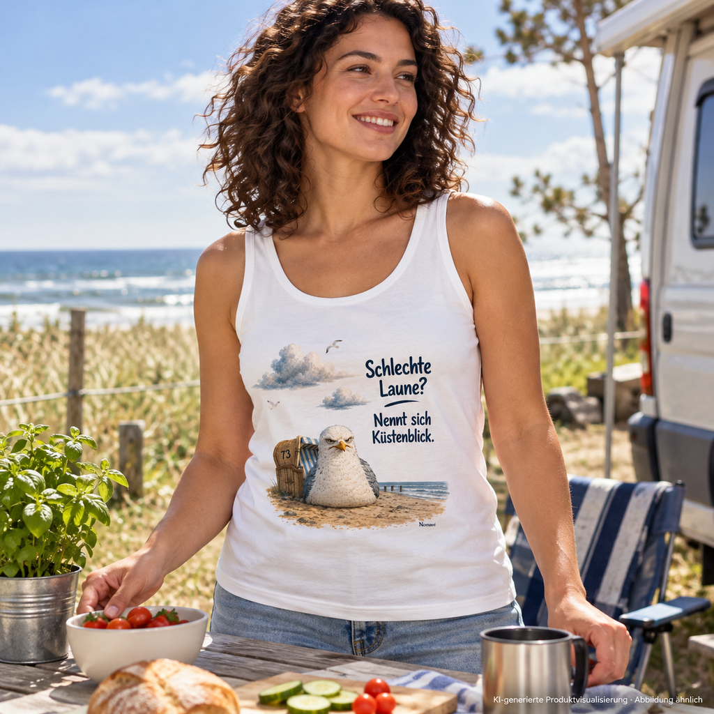 Frau im weißen Bio-Tanktop mit Möwe Alpha beim Camping-Picknick – KI-Visualisierung