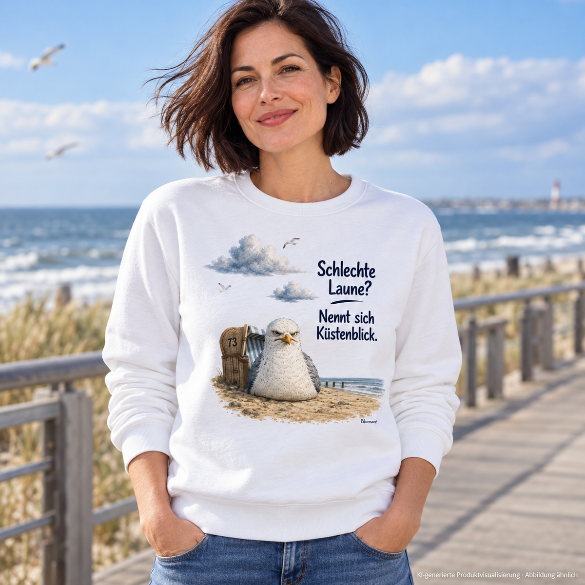 Frau im weißen Küstenblick Bio-Sweatshirt auf der Strandpromenade – KI-Visualisierung