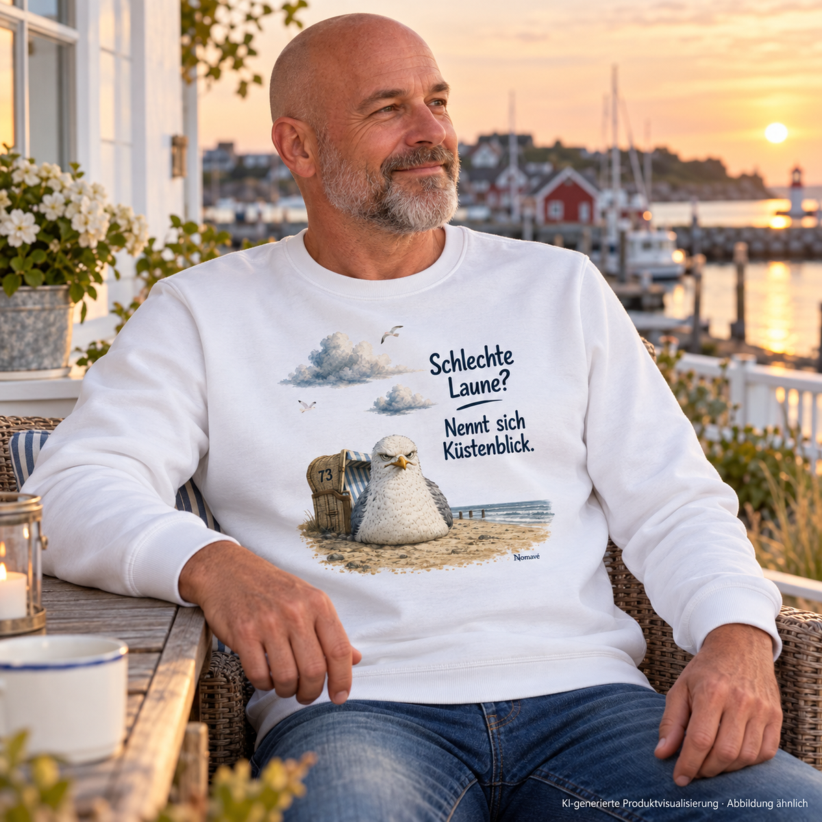 Mann im weißen Bio-Sweatshirt mit Möwe Alpha auf einer Hafenveranda – KI-Visualisierung