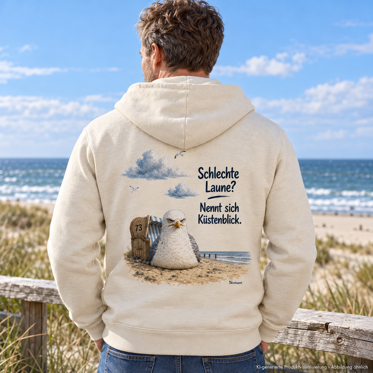 Mann im Natural-Raw Bio-Zipper mit Küstenblick-Rückenprint am Meer – KI-Visualisierung